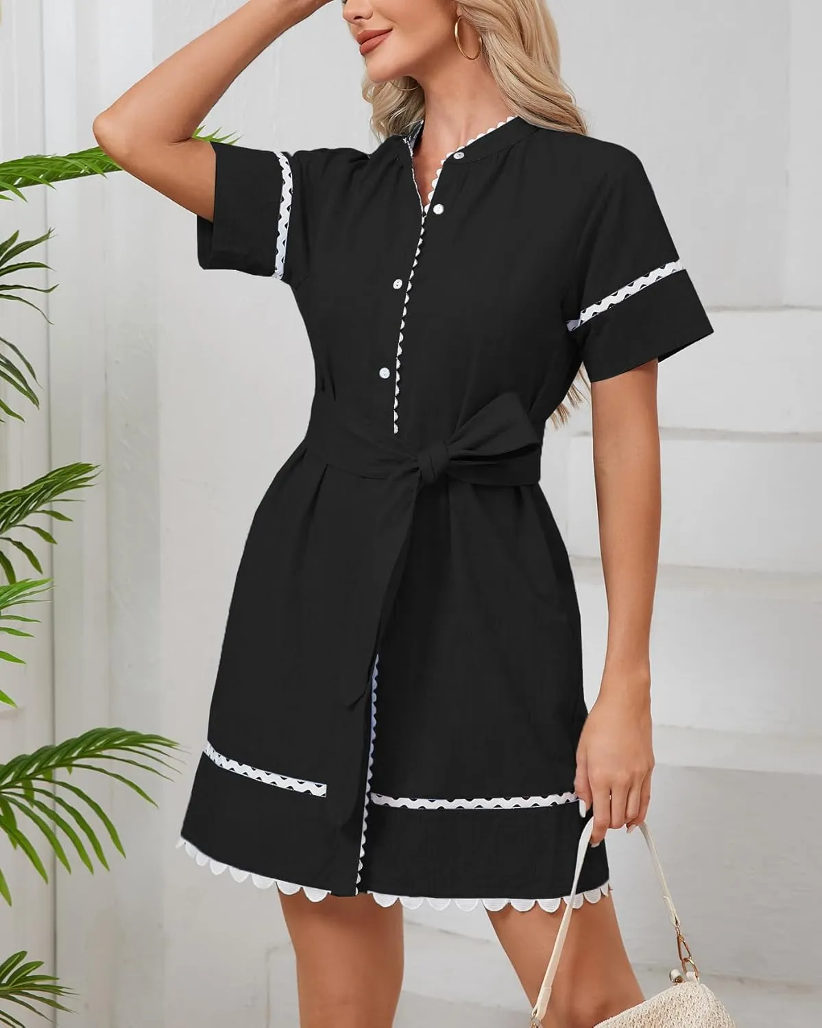 Women's Short Sleeve Summer Shirt Dress Button Down Belted Tunic Mini Dresses RIC Rac Trim Sundress with Pockets