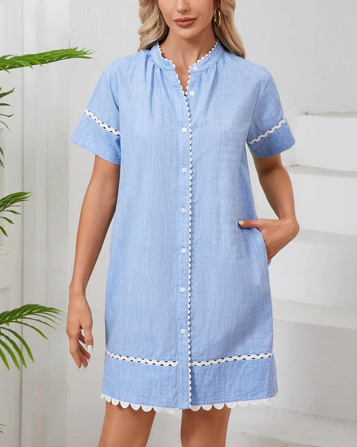 Women's Short Sleeve Summer Shirt Dress Button Down Belted Tunic Mini Dresses RIC Rac Trim Sundress with Pockets