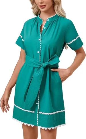 Women's Short Sleeve Summer Shirt Dress Button Down Belted Tunic Mini Dresses RIC Rac Trim Sundress with Pockets