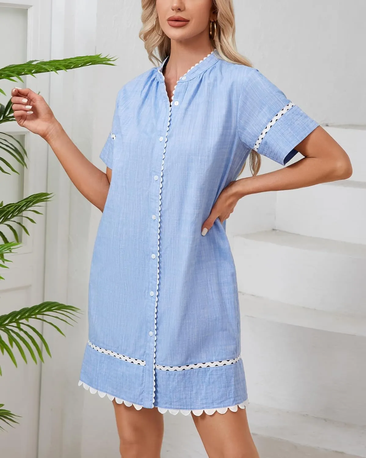 Women's Short Sleeve Summer Shirt Dress Button Down Belted Tunic Mini Dresses RIC Rac Trim Sundress with Pockets