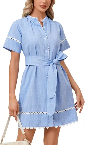 Women's Short Sleeve Summer Shirt Dress Button Down Belted Tunic Mini Dresses RIC Rac Trim Sundress with Pockets