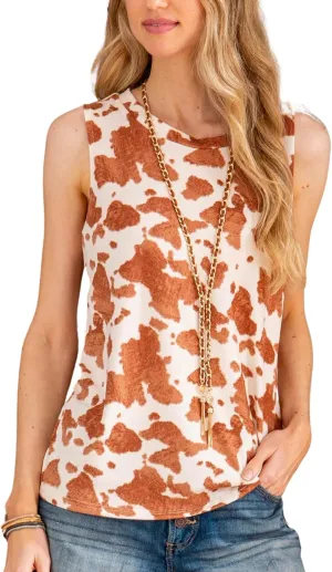 Women's Summer Loose Tank Sleeveless Animal Print Pattern Crew Neck Tunic Blouse Camisole Top(S-3XL)