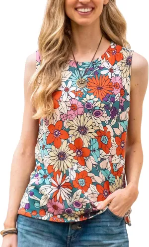 Women's Summer Loose Tank Sleeveless Animal Print Pattern Crew Neck Tunic Blouse Camisole Top(S-3XL)
