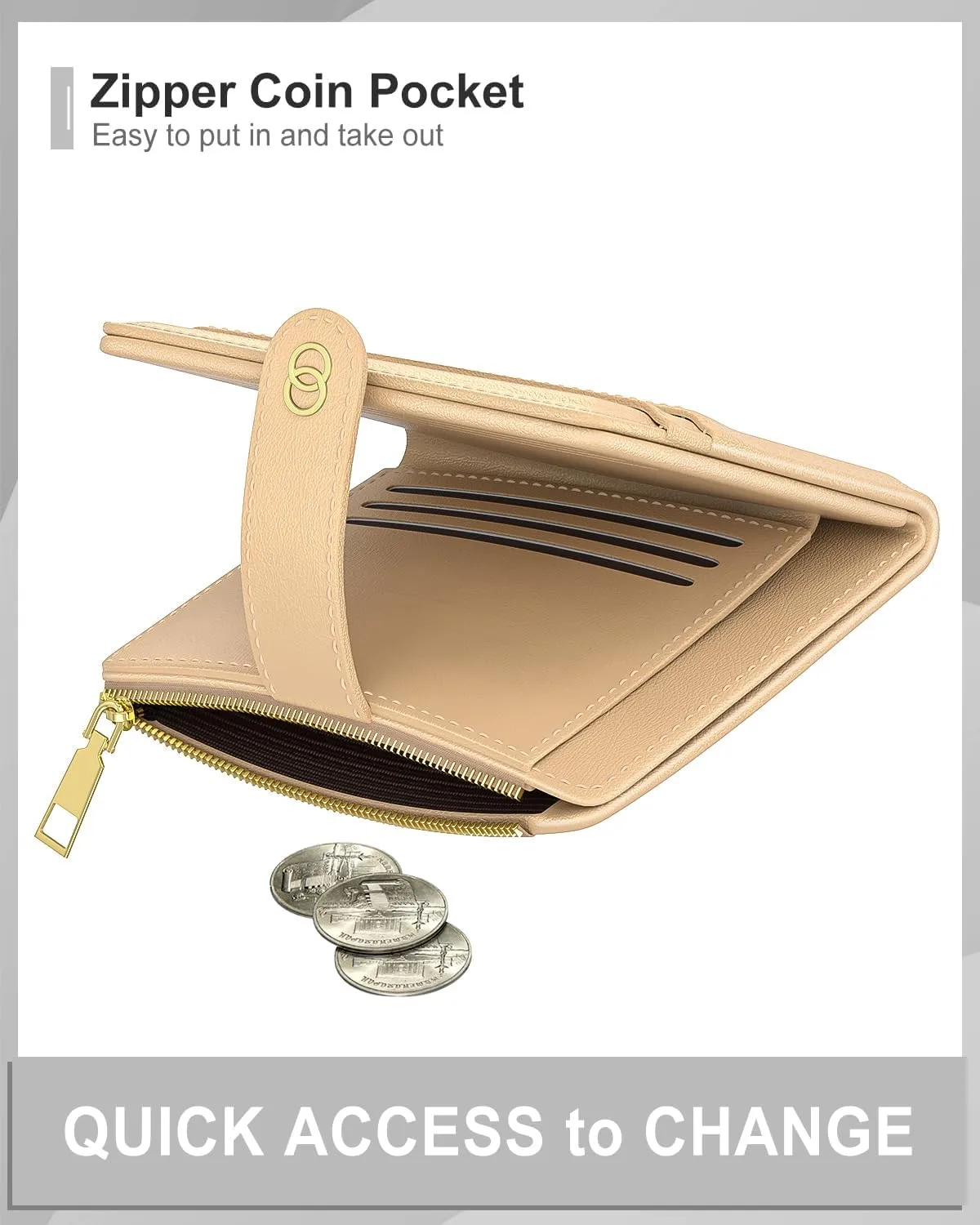 Womens Wallet, RFID Small Slim Wallets for Women, Compact Credit Card Holder, Cute Leather Bifold Ladies Purse with Zipper Coin Pocket and ID Window, Apricot