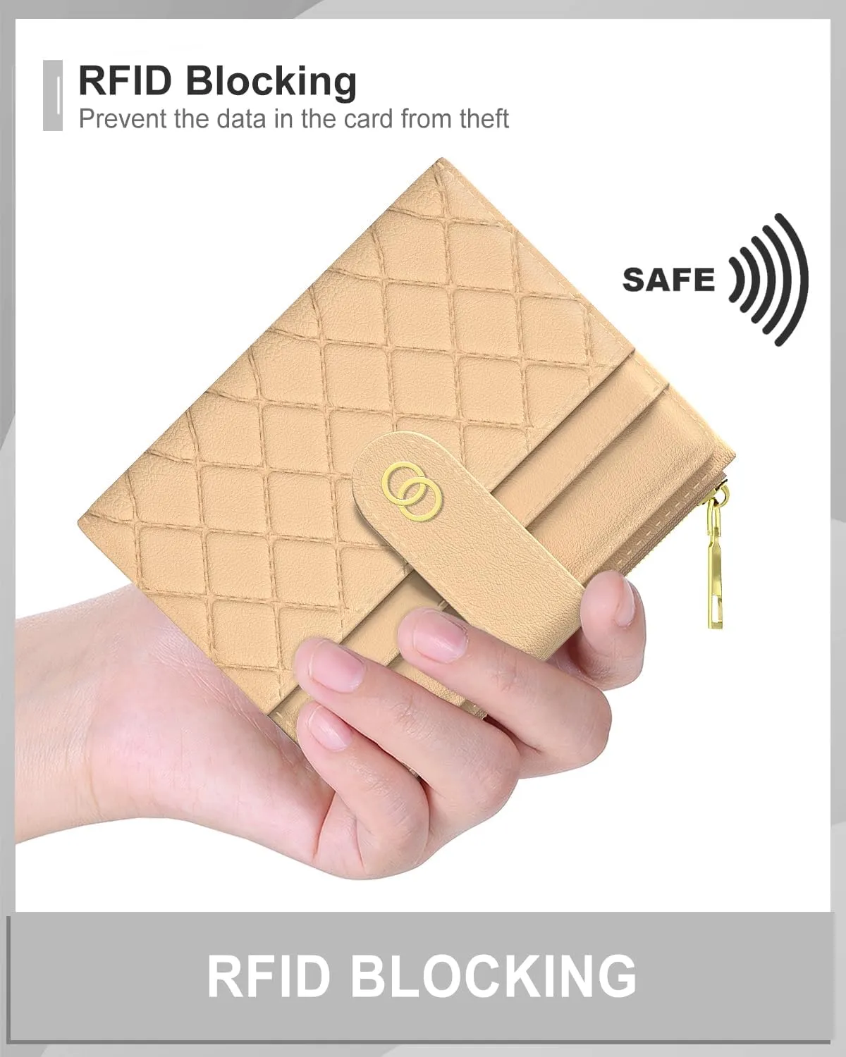 Womens Wallet, RFID Small Slim Wallets for Women, Compact Credit Card Holder, Cute Leather Bifold Ladies Purse with Zipper Coin Pocket and ID Window, Apricot