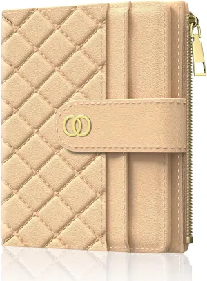 Womens Wallet, RFID Small Slim Wallets for Women, Compact Credit Card Holder, Cute Leather Bifold Ladies Purse with Zipper Coin Pocket and ID Window, Apricot