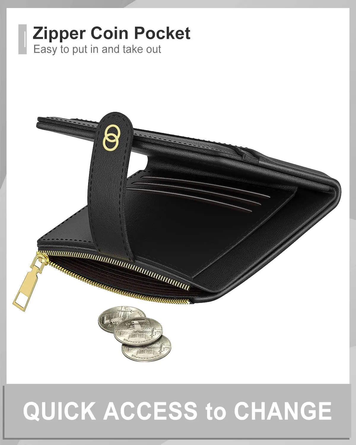 Womens Wallet, RFID Small Slim Wallets for Women, Compact Credit Card Holder, Cute Leather Bifold Ladies Purse with Zipper Coin Pocket and ID Window, Black