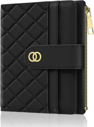 Womens Wallet, RFID Small Slim Wallets for Women, Compact Credit Card Holder, Cute Leather Bifold Ladies Purse with Zipper Coin Pocket and ID Window, Black