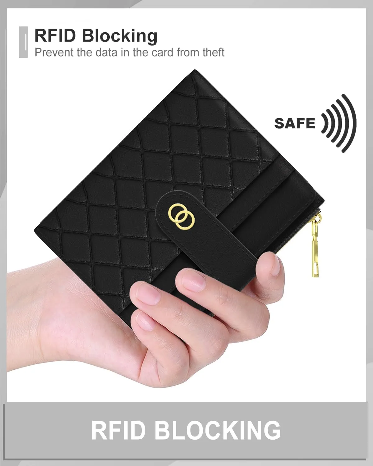 Womens Wallet, RFID Small Slim Wallets for Women, Compact Credit Card Holder, Cute Leather Bifold Ladies Purse with Zipper Coin Pocket and ID Window, Black