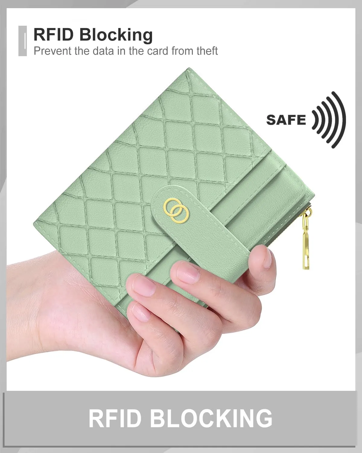 Womens Wallet, RFID Small Slim Wallets for Women, Compact Credit Card Holder, Cute Leather Bifold Ladies Purse with Zipper Coin Pocket and ID Window, Green