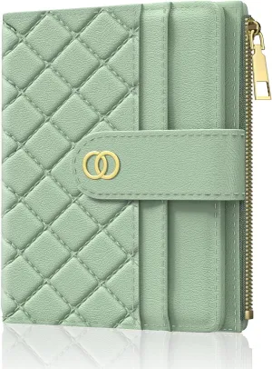 Womens Wallet, RFID Small Slim Wallets for Women, Compact Credit Card Holder, Cute Leather Bifold Ladies Purse with Zipper Coin Pocket and ID Window, Green