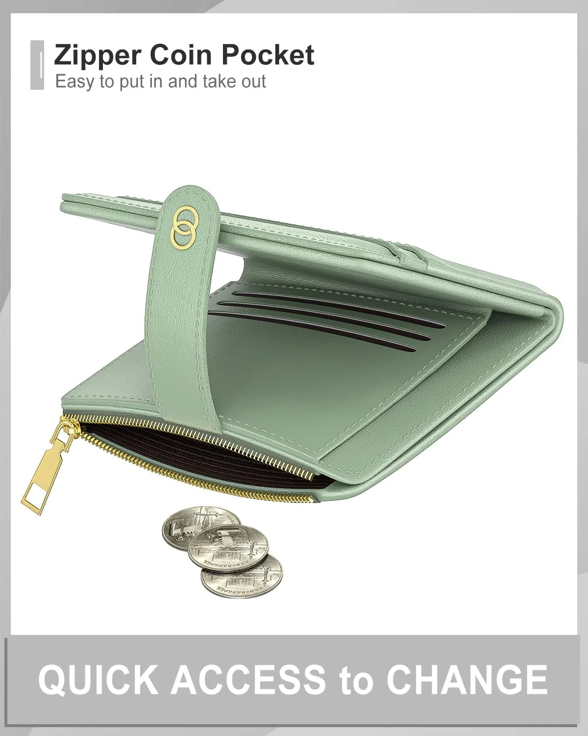 Womens Wallet, RFID Small Slim Wallets for Women, Compact Credit Card Holder, Cute Leather Bifold Ladies Purse with Zipper Coin Pocket and ID Window, Green
