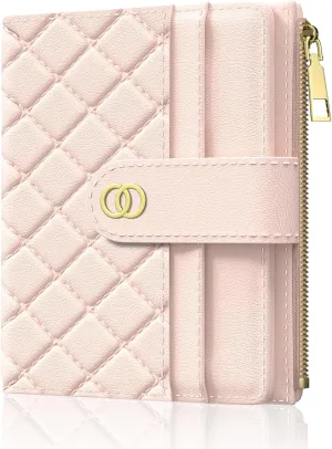 Womens Wallet, RFID Small Slim Wallets for Women, Compact Credit Card Holder, Cute Leather Bifold Ladies Purse with Zipper Coin Pocket and ID Window, Pink