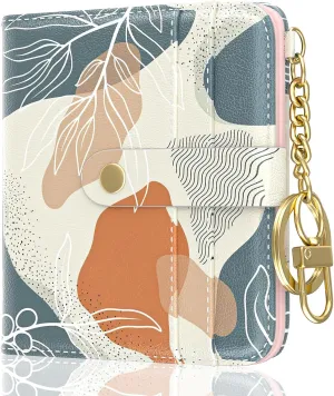 Womens Wallet, RFID Small Wallets for Women, Slim Compact Credit Card Holder, Cute Leather Bifold Ladies Purse with Zipper Coin Pocket and ID Window, Abstract Boho Leaf