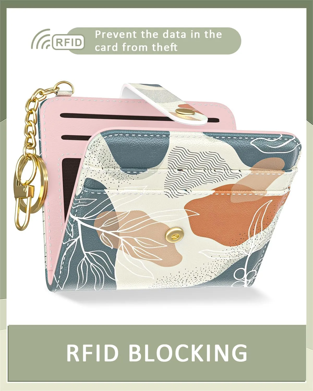 Womens Wallet, RFID Small Wallets for Women, Slim Compact Credit Card Holder, Cute Leather Bifold Ladies Purse with Zipper Coin Pocket and ID Window, Abstract Boho Leaf