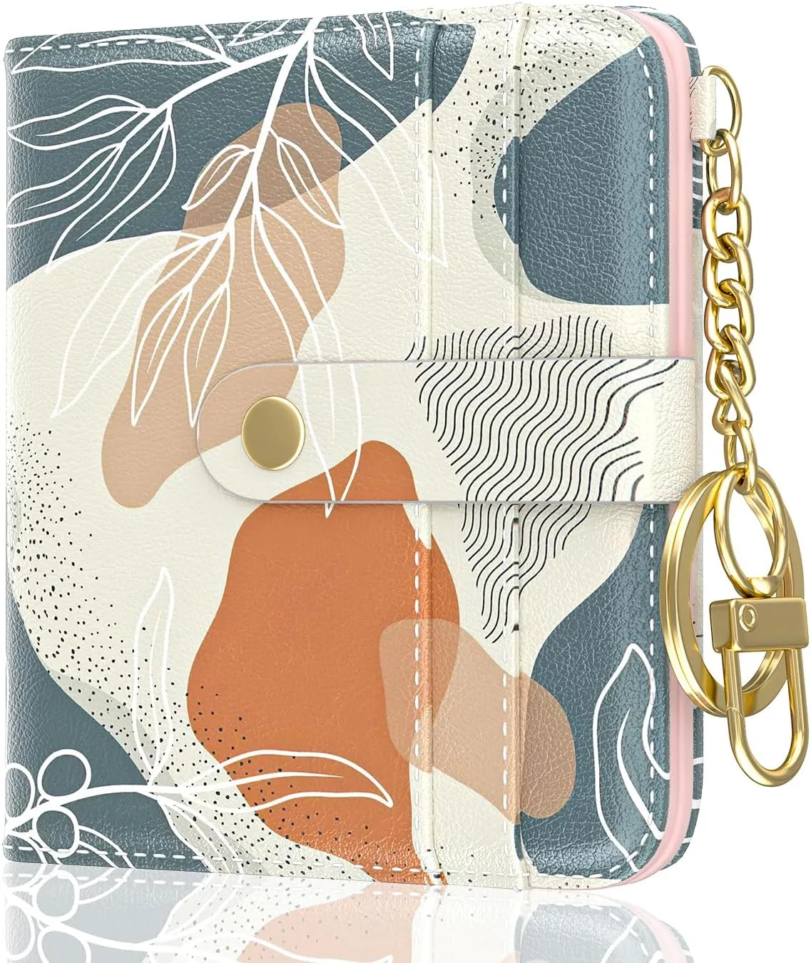 Womens Wallet, RFID Small Wallets for Women, Slim Compact Credit Card Holder, Cute Leather Bifold Ladies Purse with Zipper Coin Pocket and ID Window, Abstract Boho Leaf