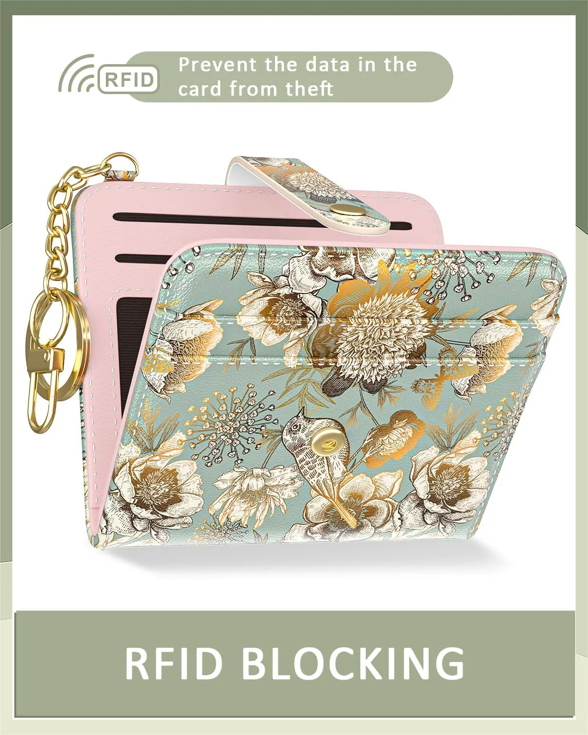Womens Wallet, RFID Small Wallets for Women, Slim Compact Credit Card Holder, Cute Leather Bifold Ladies Purse with Zipper Coin Pocket and ID Window, Birdsong Floral