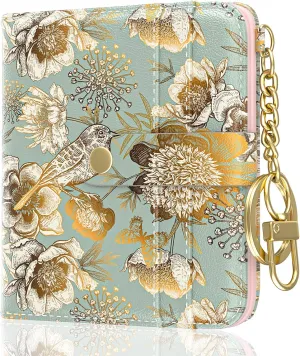 Womens Wallet, RFID Small Wallets for Women, Slim Compact Credit Card Holder, Cute Leather Bifold Ladies Purse with Zipper Coin Pocket and ID Window, Birdsong Floral