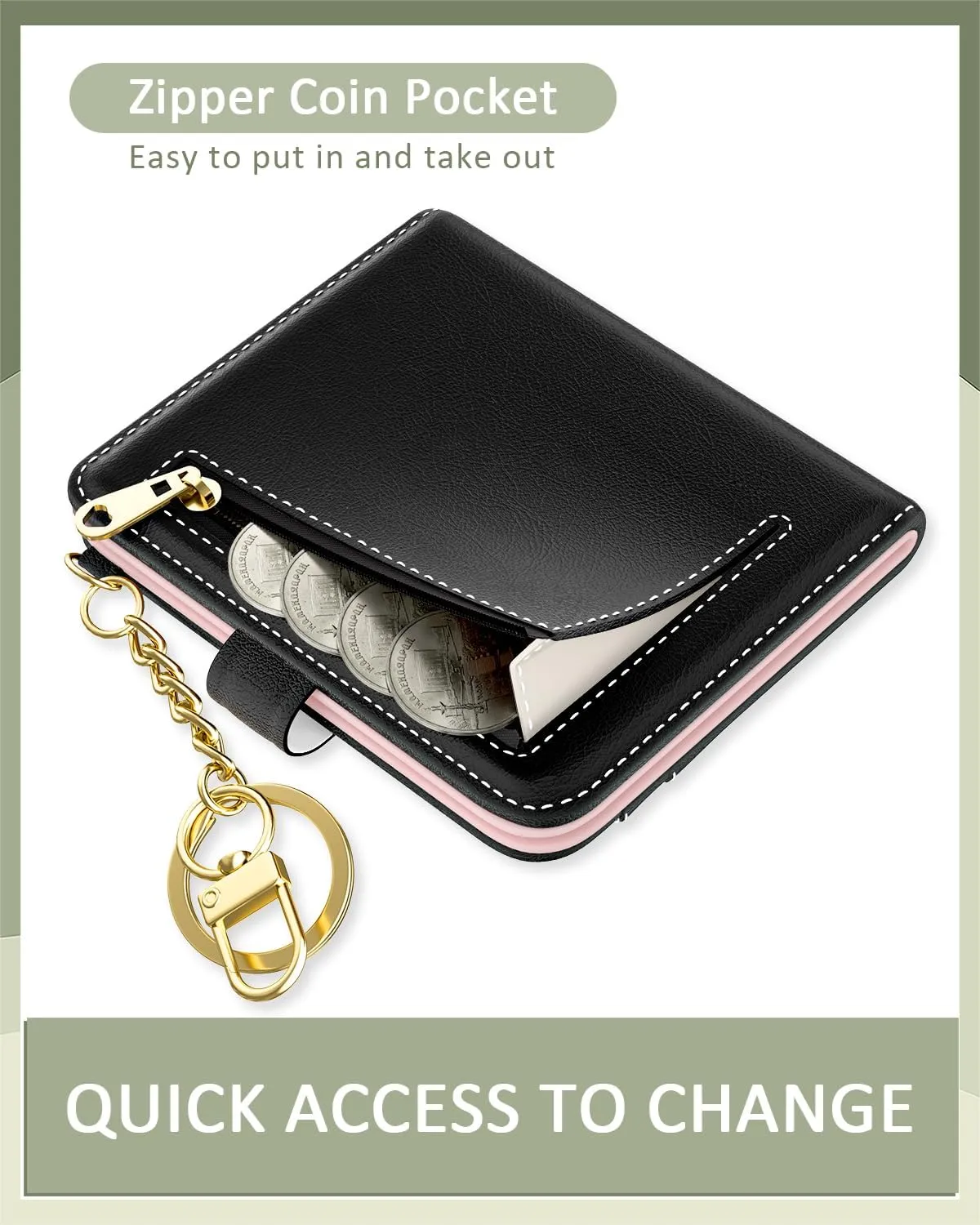Womens Wallet, RFID Small Wallets for Women, Slim Compact Credit Card Holder, Cute Leather Bifold Ladies Purse with Zipper Coin Pocket and ID Window, Black
