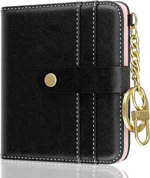 Womens Wallet, RFID Small Wallets for Women, Slim Compact Credit Card Holder, Cute Leather Bifold Ladies Purse with Zipper Coin Pocket and ID Window, Black