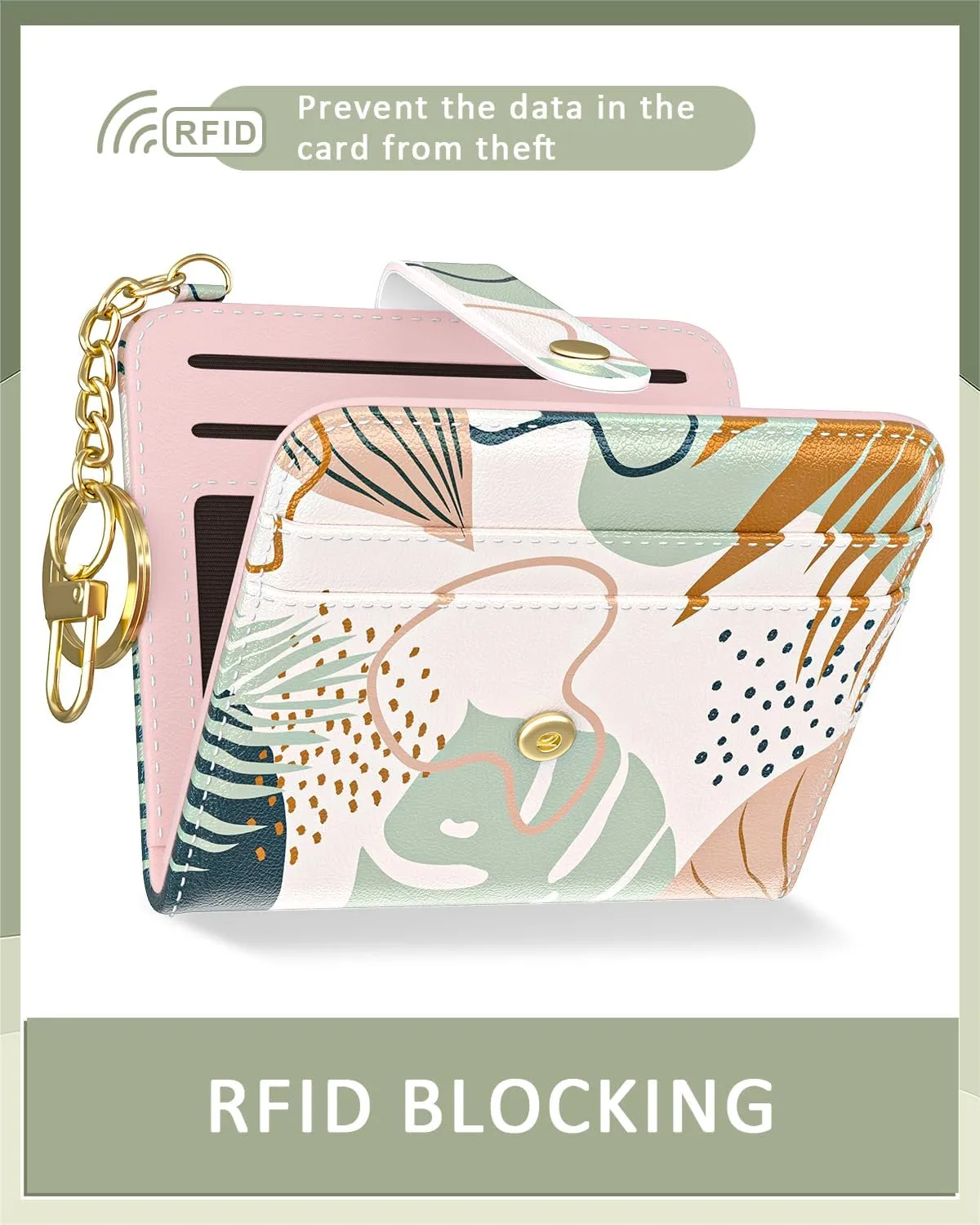 Womens Wallet, RFID Small Wallets for Women, Slim Compact Credit Card Holder, Cute Leather Bifold Ladies Purse with Zipper Coin Pocket and ID Window, Boho Leaves
