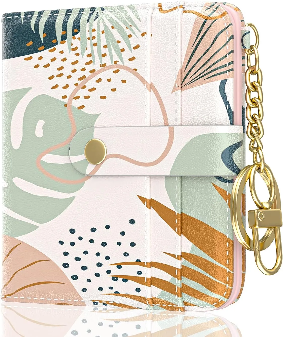 Womens Wallet, RFID Small Wallets for Women, Slim Compact Credit Card Holder, Cute Leather Bifold Ladies Purse with Zipper Coin Pocket and ID Window, Boho Leaves