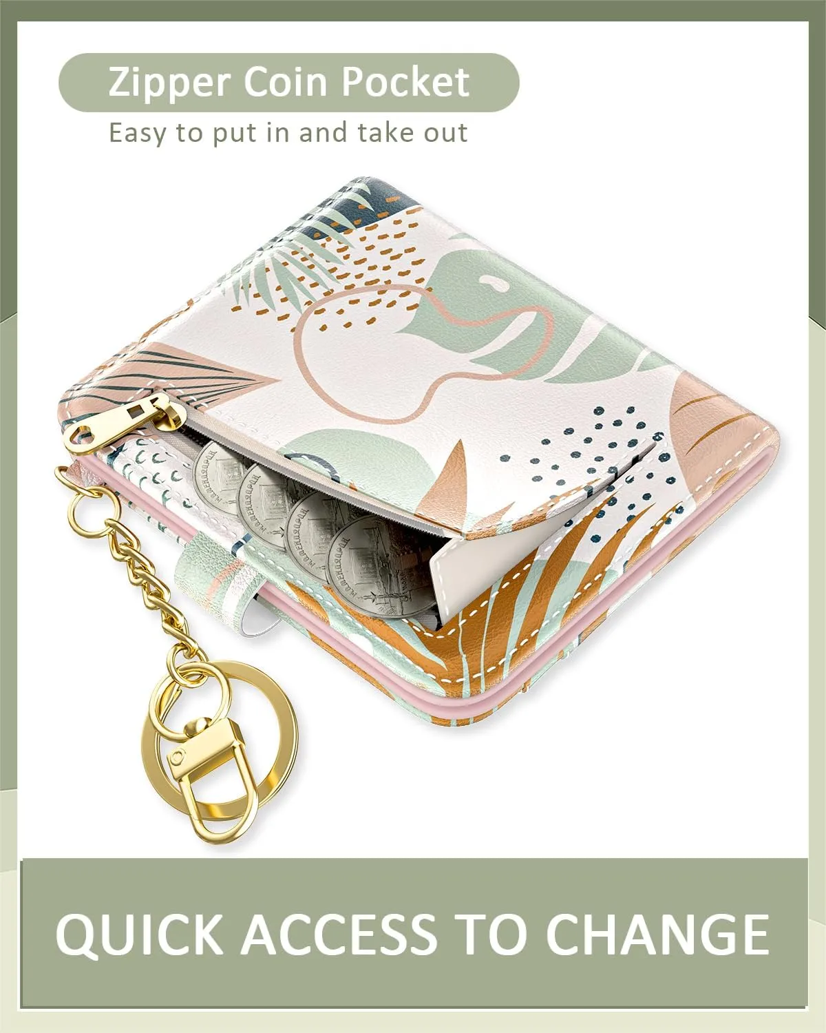 Womens Wallet, RFID Small Wallets for Women, Slim Compact Credit Card Holder, Cute Leather Bifold Ladies Purse with Zipper Coin Pocket and ID Window, Boho Leaves