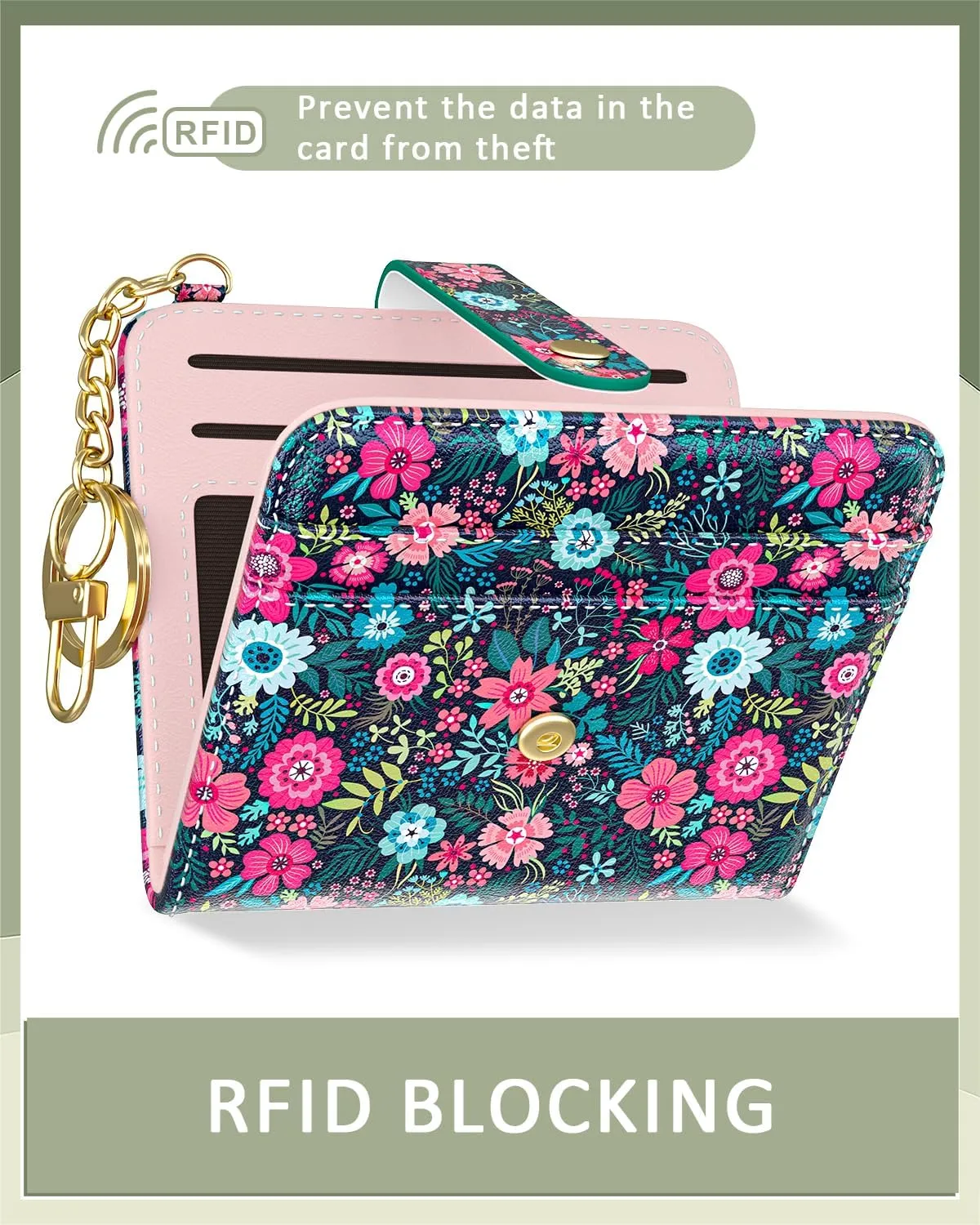 Womens Wallet, RFID Small Wallets for Women, Slim Compact Credit Card Holder, Cute Leather Bifold Ladies Purse with Zipper Coin Pocket and ID Window, Colorful Flowers