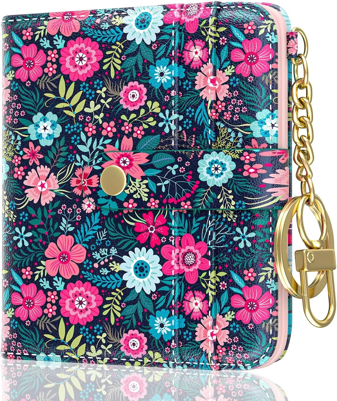 Womens Wallet, RFID Small Wallets for Women, Slim Compact Credit Card Holder, Cute Leather Bifold Ladies Purse with Zipper Coin Pocket and ID Window, Colorful Flowers