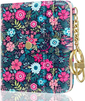 Womens Wallet, RFID Small Wallets for Women, Slim Compact Credit Card Holder, Cute Leather Bifold Ladies Purse with Zipper Coin Pocket and ID Window, Colorful Flowers