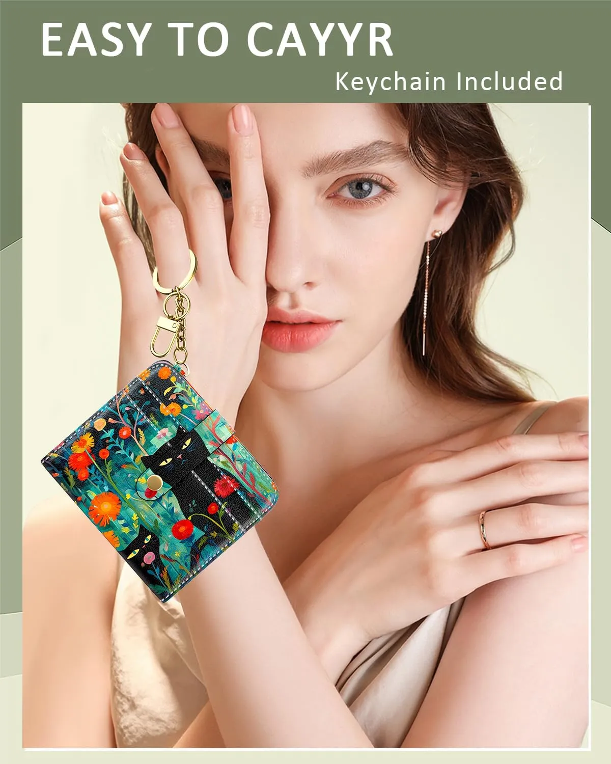 Womens Wallet, RFID Small Wallets for Women, Slim Compact Credit Card Holder, Cute Leather Bifold Ladies Purse with Zipper Coin Pocket and ID Window, Cute Cat