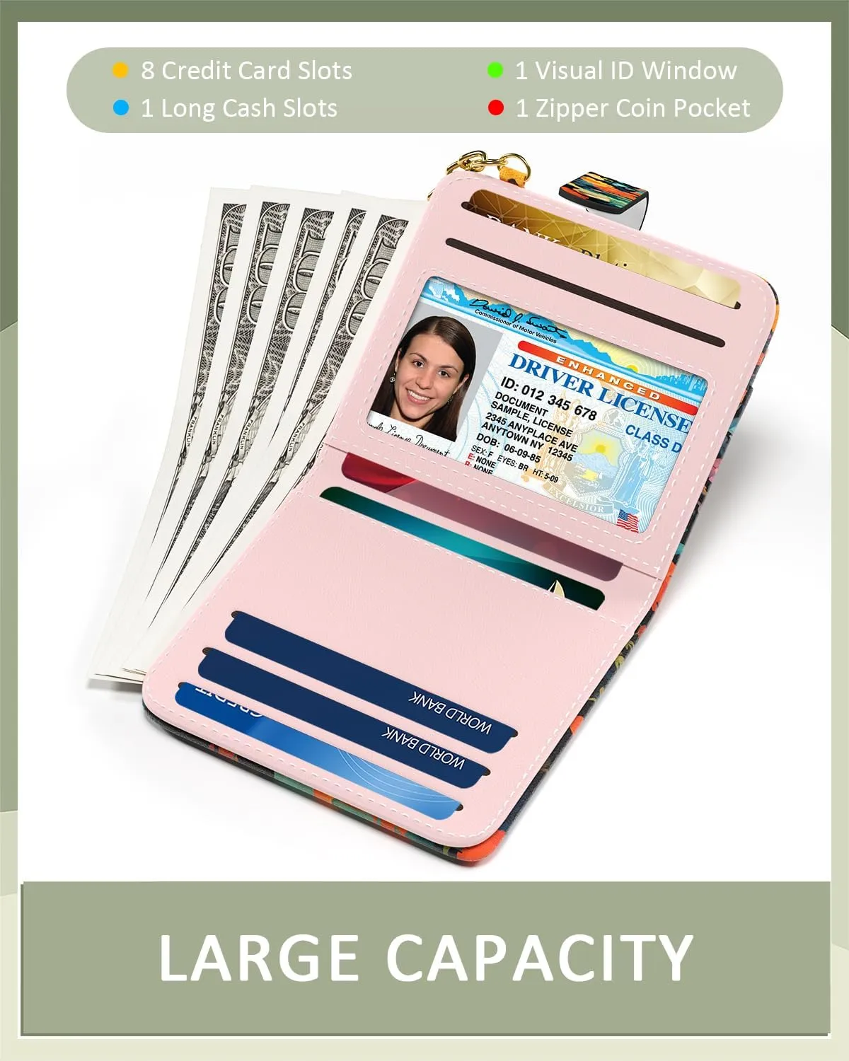 Womens Wallet, RFID Small Wallets for Women, Slim Compact Credit Card Holder, Cute Leather Bifold Ladies Purse with Zipper Coin Pocket and ID Window, Cute Cat