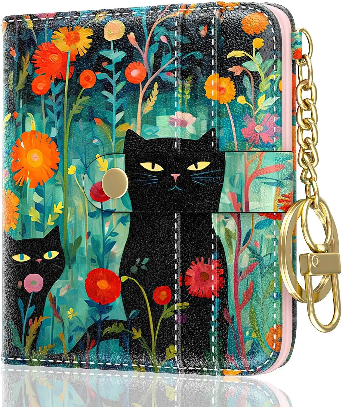 Womens Wallet, RFID Small Wallets for Women, Slim Compact Credit Card Holder, Cute Leather Bifold Ladies Purse with Zipper Coin Pocket and ID Window, Cute Cat