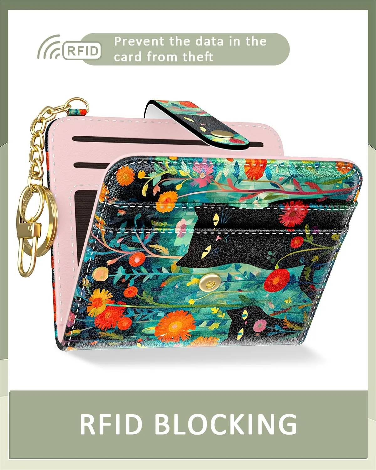 Womens Wallet, RFID Small Wallets for Women, Slim Compact Credit Card Holder, Cute Leather Bifold Ladies Purse with Zipper Coin Pocket and ID Window, Cute Cat
