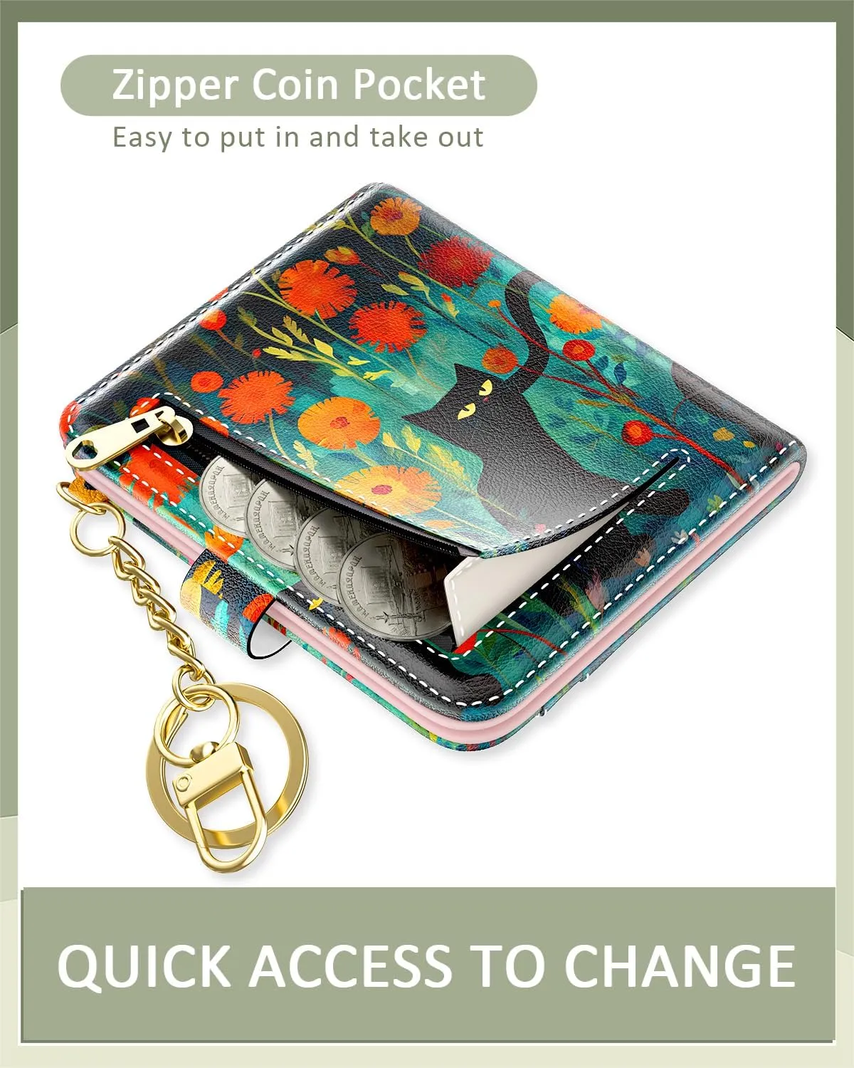 Womens Wallet, RFID Small Wallets for Women, Slim Compact Credit Card Holder, Cute Leather Bifold Ladies Purse with Zipper Coin Pocket and ID Window, Cute Cat