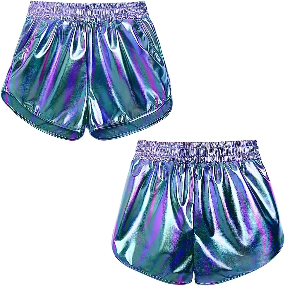 Women's Yoga Hot Shorts Elastic Waist Shiny Metallic Short Pants