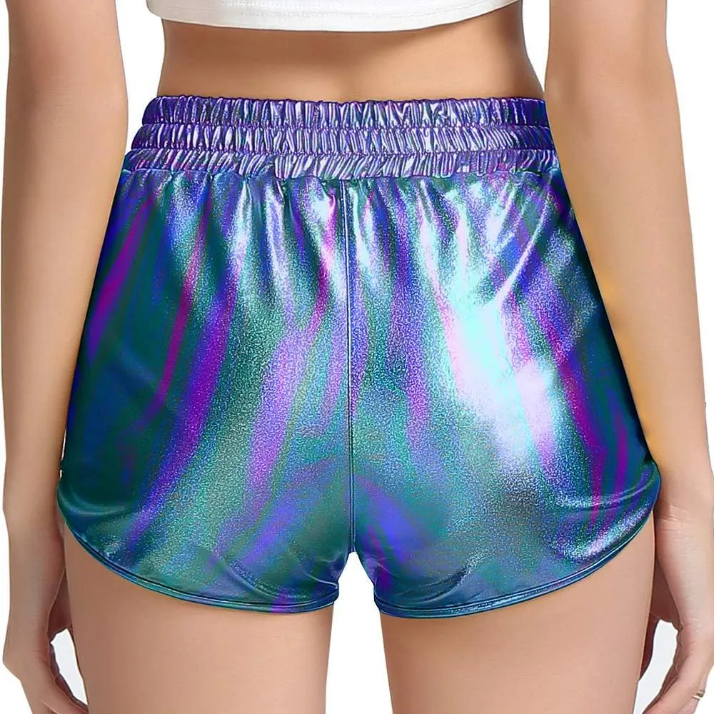 Women's Yoga Hot Shorts Elastic Waist Shiny Metallic Short Pants
