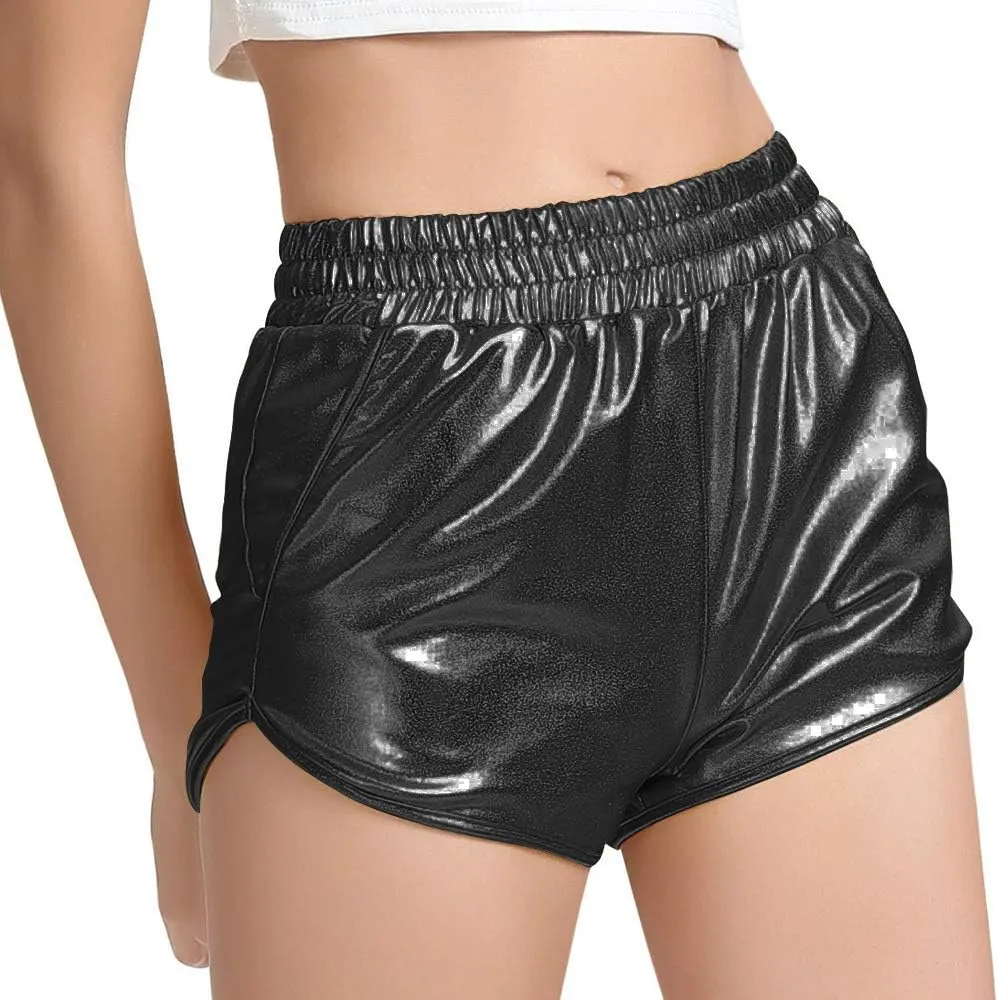 Women's Yoga Hot Shorts Elastic Waist Shiny Metallic Short Pants