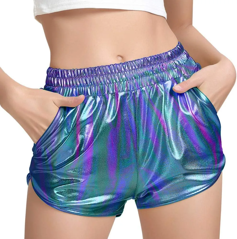 Women's Yoga Hot Shorts Elastic Waist Shiny Metallic Short Pants
