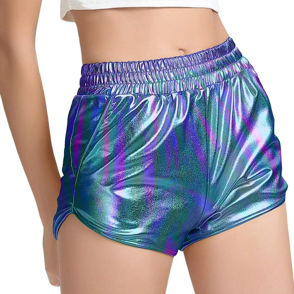 Women's Yoga Hot Shorts Elastic Waist Shiny Metallic Short Pants