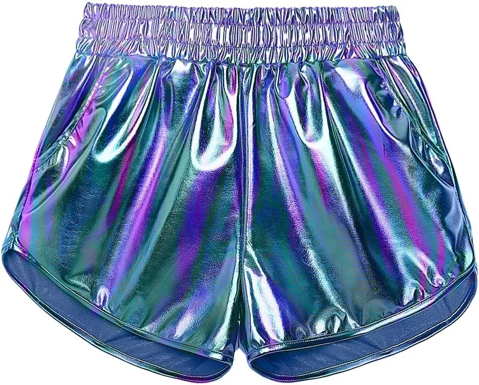 Women's Yoga Hot Shorts Elastic Waist Shiny Metallic Short Pants