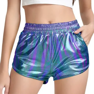 Women's Yoga Hot Shorts Elastic Waist Shiny Metallic Short Pants