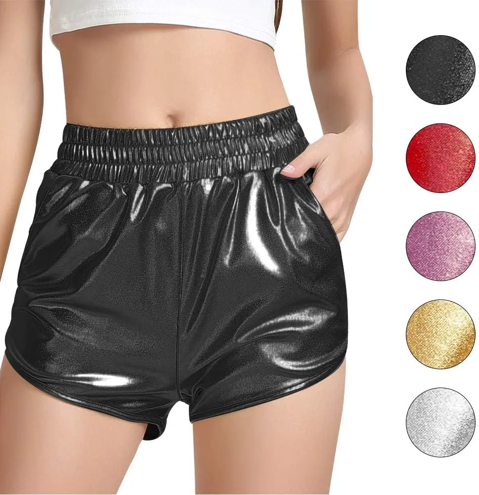 Women's Yoga Hot Shorts Elastic Waist Shiny Metallic Short Pants
