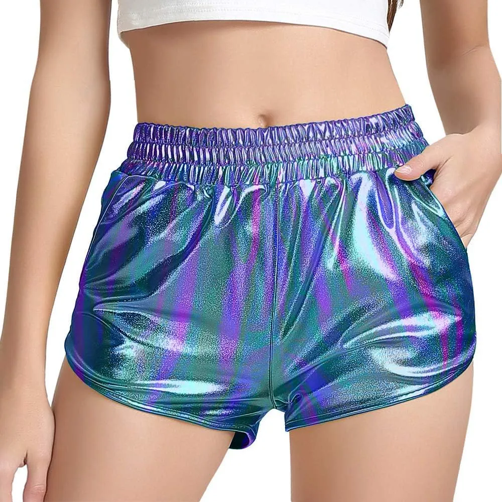 Women's Yoga Hot Shorts Elastic Waist Shiny Metallic Short Pants