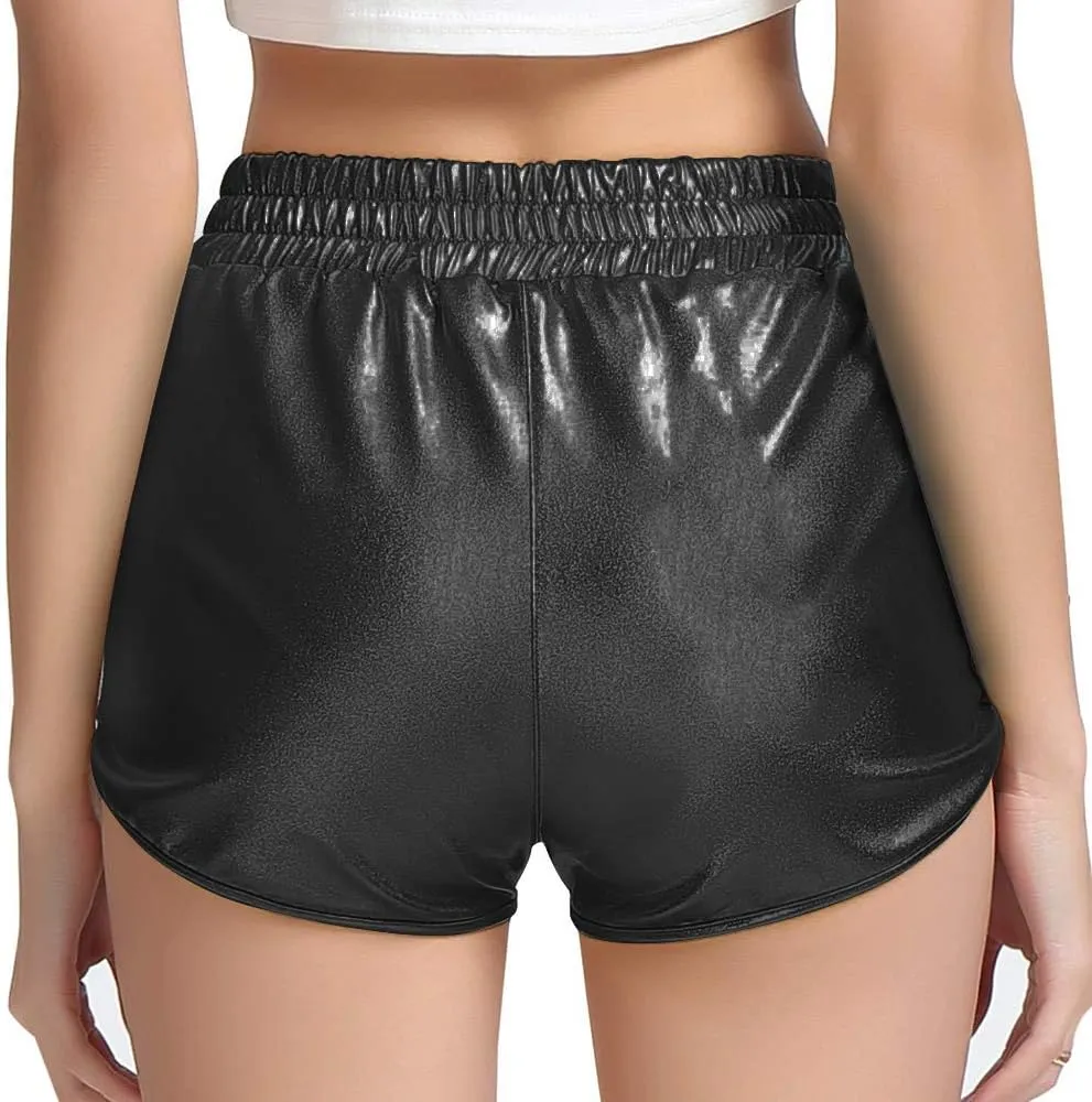 Women's Yoga Hot Shorts Elastic Waist Shiny Metallic Short Pants