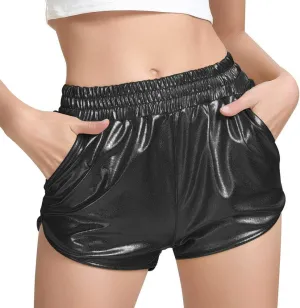 Women's Yoga Hot Shorts Elastic Waist Shiny Metallic Short Pants