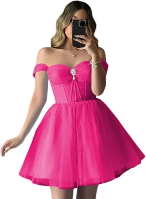 XYAYE Sparkly Tulle Homecoming Dresses Off Shoulder Short Prom Dresses for Teens Puffy Sweetheart A Line Cocktail Dress