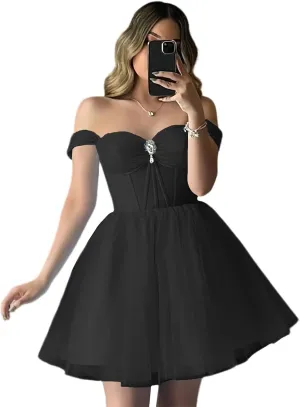 XYAYE Sparkly Tulle Homecoming Dresses Off Shoulder Short Prom Dresses for Teens Puffy Sweetheart A Line Cocktail Dress