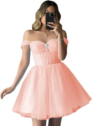 XYAYE Sparkly Tulle Homecoming Dresses Off Shoulder Short Prom Dresses for Teens Puffy Sweetheart A Line Cocktail Dress