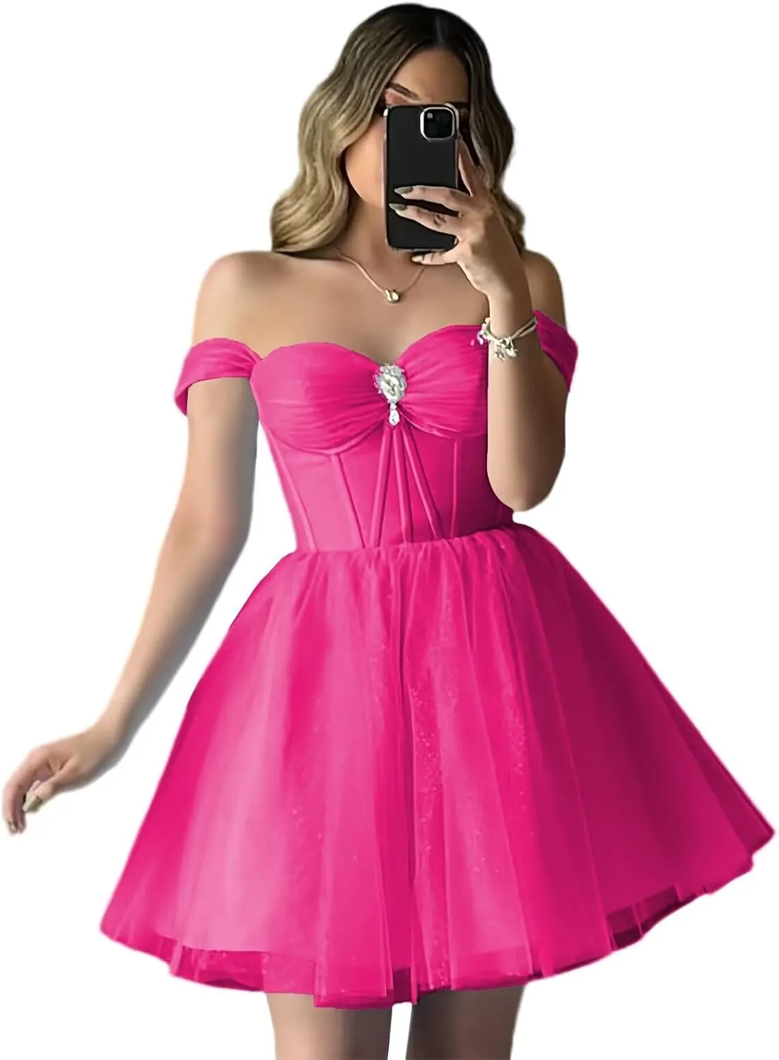 XYAYE Sparkly Tulle Homecoming Dresses Off Shoulder Short Prom Dresses for Teens Puffy Sweetheart A Line Cocktail Dress